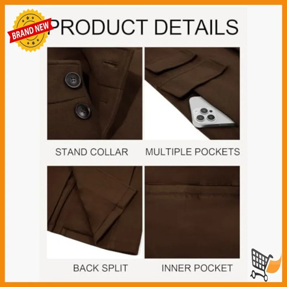 Men's Slim Fit Pea Coat Winter Overcoat with Pockets Stand Collar
